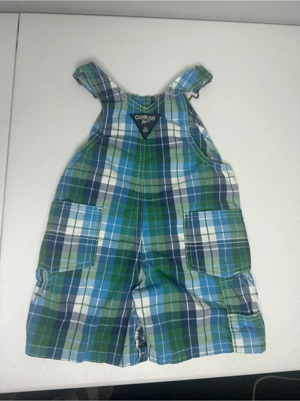 OshKosh B'gosh Green & Blue Plaid Short Overalls